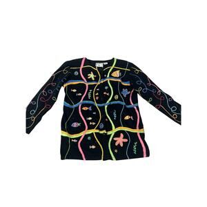 Michael Simon Lite Black Button Down  Top Size Small Fishes Whimsical Novelty